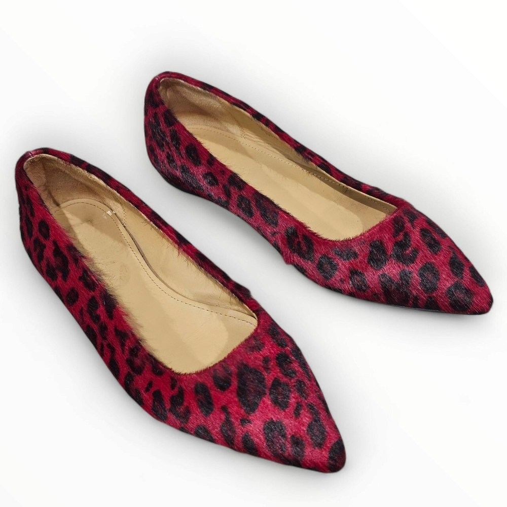 UGG Collection Linda Red Black Leopard Print Calf Fur Pointed Toe Flats 7.5M